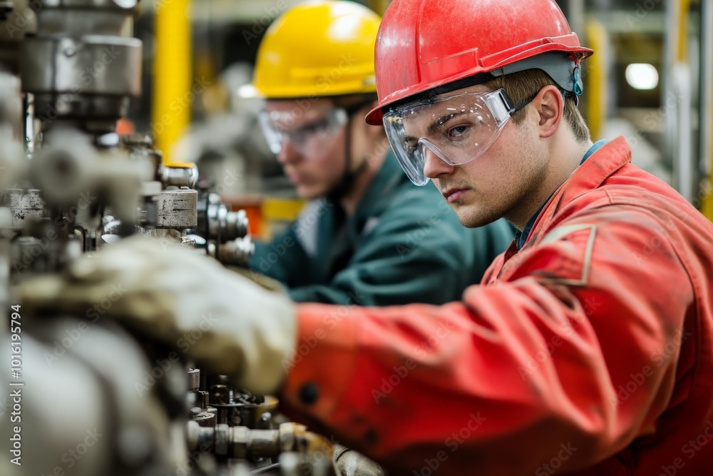 Aufkleber An engineer wearing a red suit and hard hat works intently on industrial machinery, displaying focus and precision in a dynamic work environment.