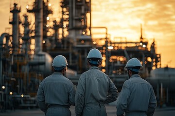 Fototapeta premium Three workers in hard hats and coveralls stand silhouetted before a vast oil refinery, witnessing industrial landscape bathed in golden sunset light.