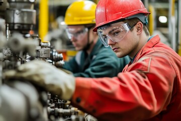 An engineer wearing a red suit and hard hat works intently on industrial machinery, displaying focus and precision in a dynamic work environment.