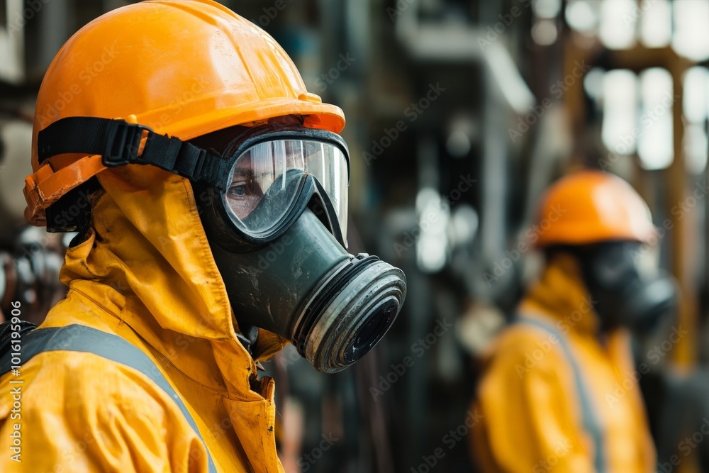 Aufkleber a worker in orange protective clothing and a gas mask operates in an industrial setting, ensuring sa
