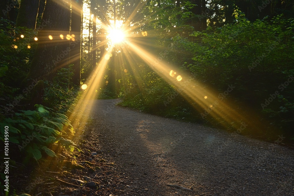 Poster bright sunlight filters through dense trees, creating a picturesque scene on a serene forest path, e