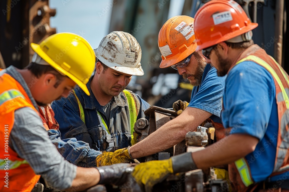 Poster A team of workers in colorful helmets collaborates on heavy machinery in a construction site, highlighting teamwork and dedication in a challenging environment.