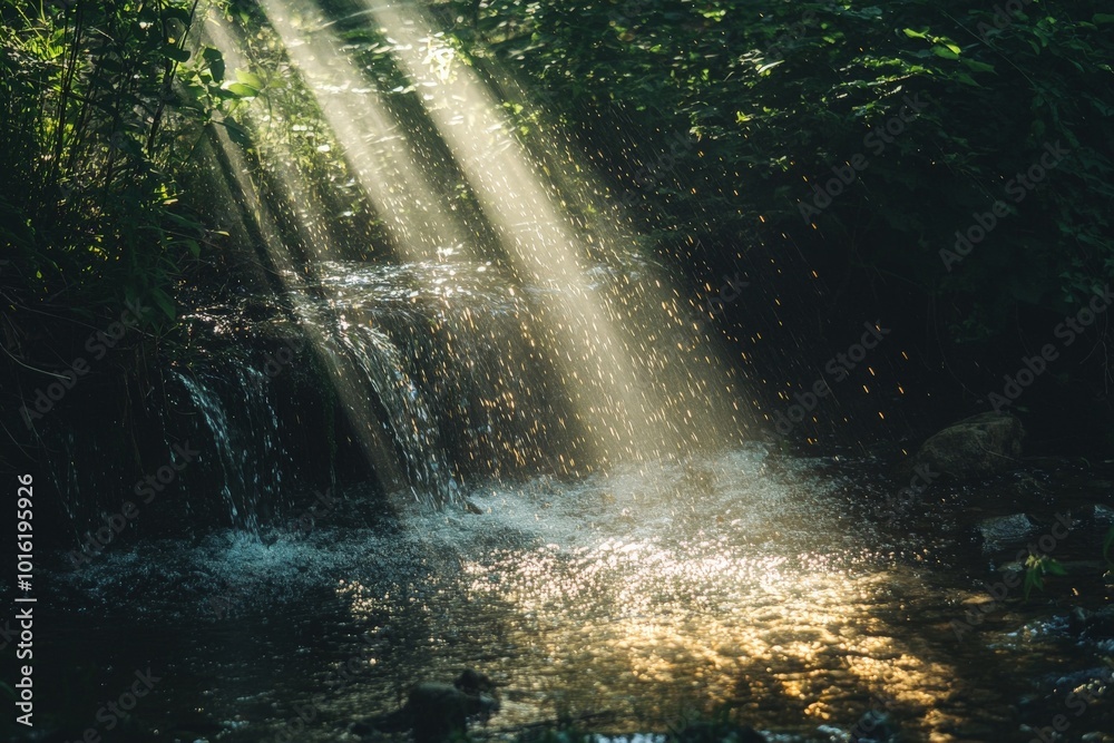 Aufkleber sunlight pierces through the forest canopy, illuminating a gentle waterfall, creating an enchanting 