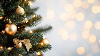 Obraz premium Elegant Christmas tree adorned with gold ribbons and bright lights, softly blurred background perfect for holiday designs 