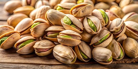 Naklejka premium A close-up of a pile of pistachios, their shells a delicate beige, with green kernels peeking out, resting on a rough-hewn wooden surface.