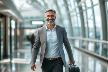 Fototapeta premium A cheerful, smartly dressed man walks through a sleek airport corridor, carrying his luggage, embodying the spirit of travel, exploration, and excitement.