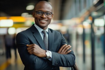 Fototapeta premium A smartly dressed businessman with glasses stands confidently at an airport terminal, exuding professionalism and a positive outlook on travel and business ventures.