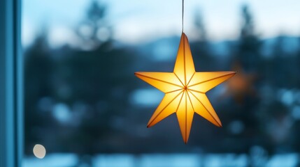 Elegant star-shaped lantern glowing warmly in a winter window, symbolizing the Star of Bethlehem for Three Kings Day, snowy forest visible outside 
