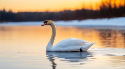 Fototapeta premium Elegant swan gliding across a partially frozen lake, its pristine white feathers matching the snowy banks, golden light of sunset illuminating the scene 