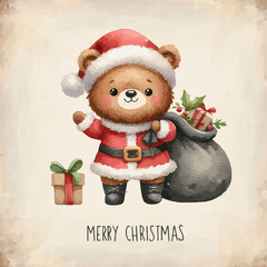 Watercolor Bear Santa Claus with gifts in backpack.