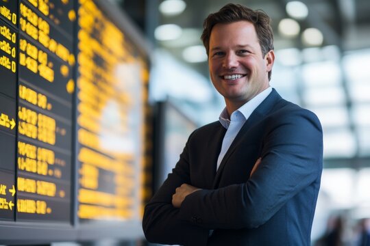 A professionally dressed man standing with arms crossed, smiling confidently in front of an illuminated airport information board, exuding a sense of readiness.