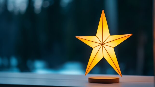 Elegant star-shaped lantern glowing warmly in a winter window, symbolizing the Star of Bethlehem for Three Kings Day, snowy forest visible outside  - Powered by Adobe