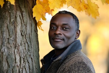 A thoughtful man stands by a tree with yellow leaves, exuding serenity and wisdom amidst an autumn scene, representing change and growth.