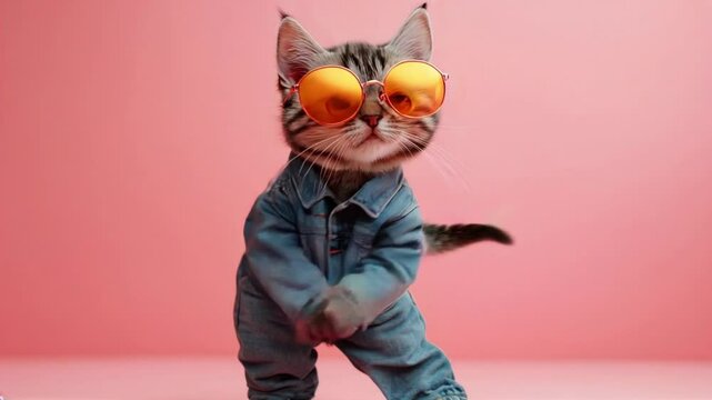 Funny cat wearing orange sunglasses and denim jacket standing in dancing pose on light pink background, high quality 4k.