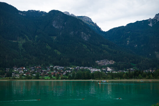Touristic boat on the turquoise waters of Achen Lake (Achensee), Tirol, Austria, Europe