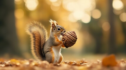 Obraz premium Squirrel Holding Pine Cone in Autumn Scene