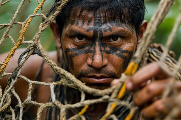 A man with striking tribal face paint peers intently through a woven net. His gaze is both penetrating and contemplative within the wild surroundings.