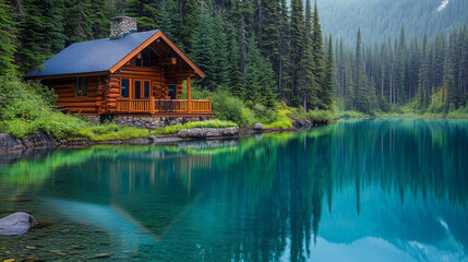Naklejka premium Rainy Day in Washington State Forest with Cabin by a Crystal-Clear Lake
