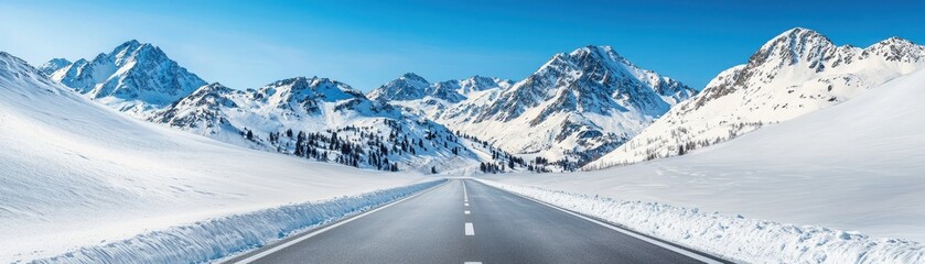 Serene Snowy Highway Adventure Concept. A scenic mountain road lined with snow, under a clear blue sky, perfect for winter travel and adventure photography, winter highway Landscape