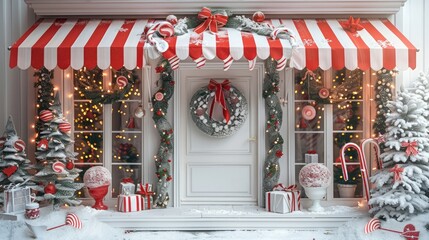 Candy Store Christmas Backdrop with White door and red-striped awning, candy canes, wreath on the white wooden front doors, Christmas trees, decorations, and candies in the windows.