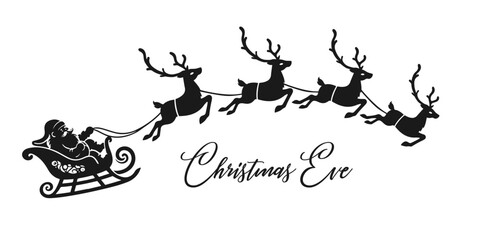 Christmas silhouette of Santa Claus in a sleigh pulled by deer. Template for laser cutting, New Year banners, posters, flyers.