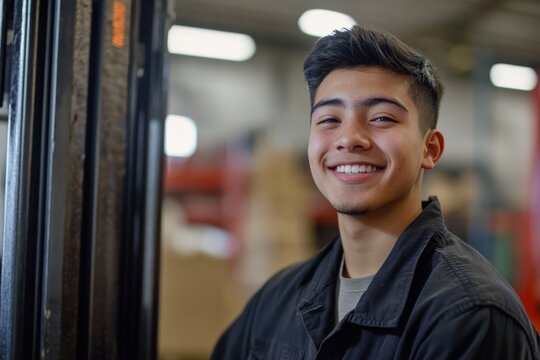 A cheerful worker poses near industrial equipment in a factory, exuding positivity and friendliness, showcasing the vibrant atmosphere of modern industrial work.