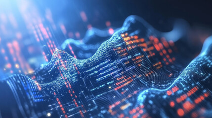 An abstract visualization of big data, featuring dynamic code representations and data streams. This futuristic design symbolizes network connectivity, business analytics, and the vast flow of informa