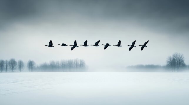 Flock of geese flying in V-formation over a snowy field, their dark bodies outlined against a pale winter sky, low clouds heavy with snow  - Powered by Adobe