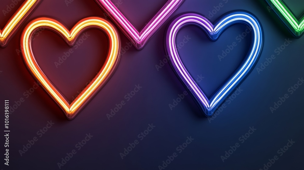 Sticker Fractal hearts swirling in rainbow colors with light trails on a dark purple-to-black gradient background 