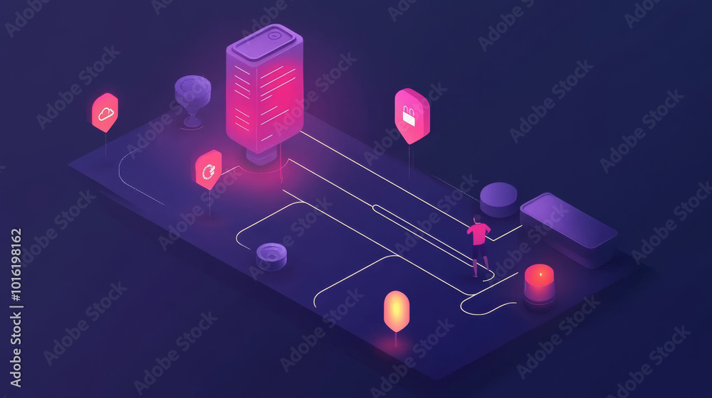 Wall mural create an isometric illustration depicting the user journey, featuring various stages and interactio