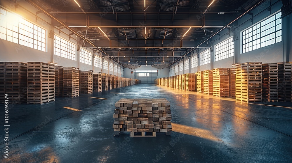 Poster freight pallet stacked on the floor in empty warehouse.