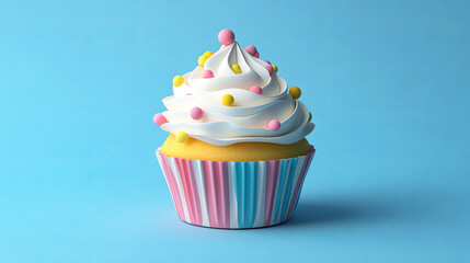 Indulge in the sweet delight of a pastel cupcake topped with whipped frosting and colorful sprinkles