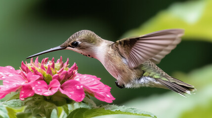 Fototapeta premium Close-up of Hummingbird Pollinating Pink Flower