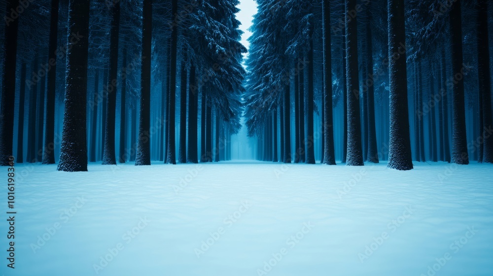 Sticker Frost-covered tree trunks in a dense winter forest with deep snow on the ground and mist rising in the air 