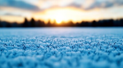 Frost-covered grass in a wide snow-covered field with soft light and an empty space for text 