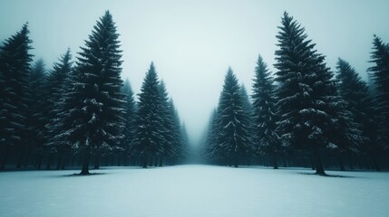 Naklejka premium Frost-covered tree trunks in a dense winter forest with deep snow on the ground and mist rising in the air 