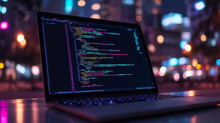  This illustration showcases a laptop computer with lines of code displayed on the screen, representing the software development process. 