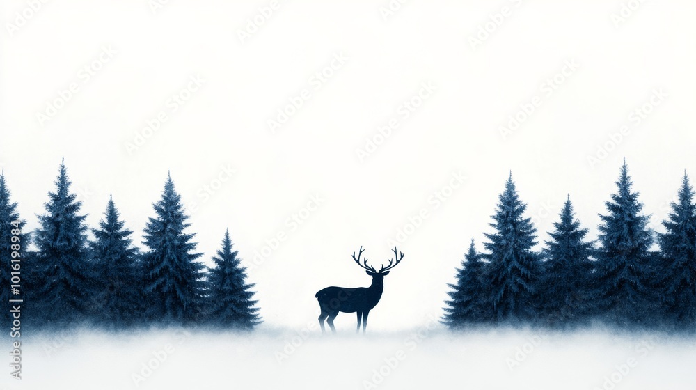 Sticker Frozen waterfall in a snow-covered forest with misty white sky and large empty space for text 