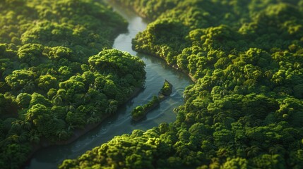 Lush Green Forest Canopy with Winding River
