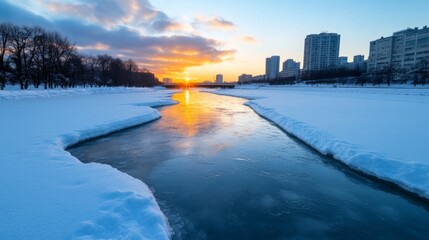 Fototapeta premium Frozen city river with snow-covered bridges and towering buildings reflecting in the icy waters at sunset 