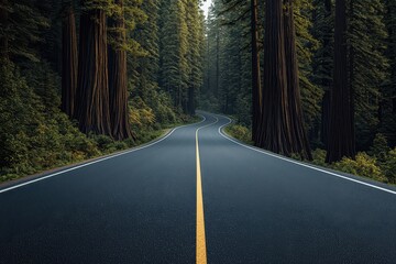 Naklejka premium A winding road surrounded by towering trees, inviting travelers to explore the beauty of nature and tranquility