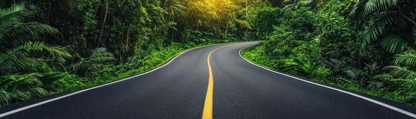 Obraz premium A winding road through lush green forests, bathed in sunlight, inviting adventure and a journey into nature's beauty
