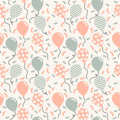 Stars and Stripes Balloons with Confetti Seamless Pattern, Pale Red and Blue