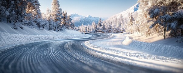 Serene Snowy Highway Adventure Concept. Snow-covered road winding through a picturesque winter landscape, surrounded by trees and mountains under a clear blue sky