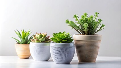 Fototapeta premium A trio of succulents in pots, one with textured white ceramic, one with a smooth white ceramic pot and another in a brown clay pot, arranged on a white tabletop, bathed in soft, natural light.