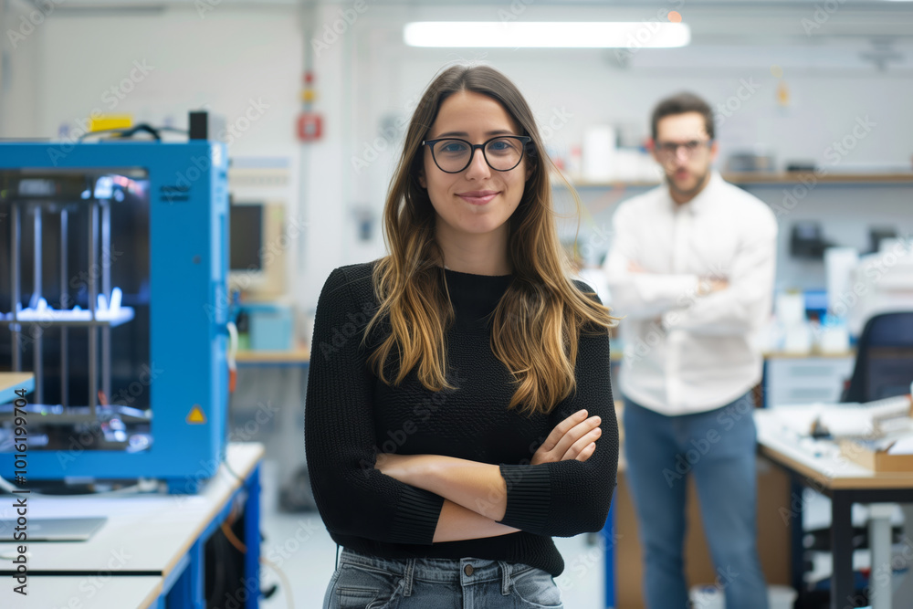 Wall mural female scientist woman stands in a chemistry laboratory in front of a blue machine with her arms cro