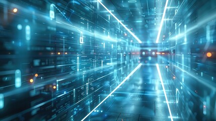 Cyber security grid with encrypted firewalls, digital locks, and data streams protecting sensitive information in a digital environment.