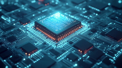 Obraz premium A futuristic microchip processor illuminated with lights, set against a blue background. This design represents quantum computing, large data processing, and the concept of advanced databases. It high