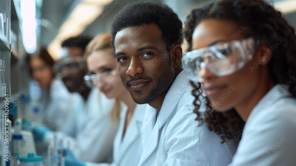 Poster Diverse group of scientists from different countries working for research, development, and testing together in a lab to develop a new medicine.