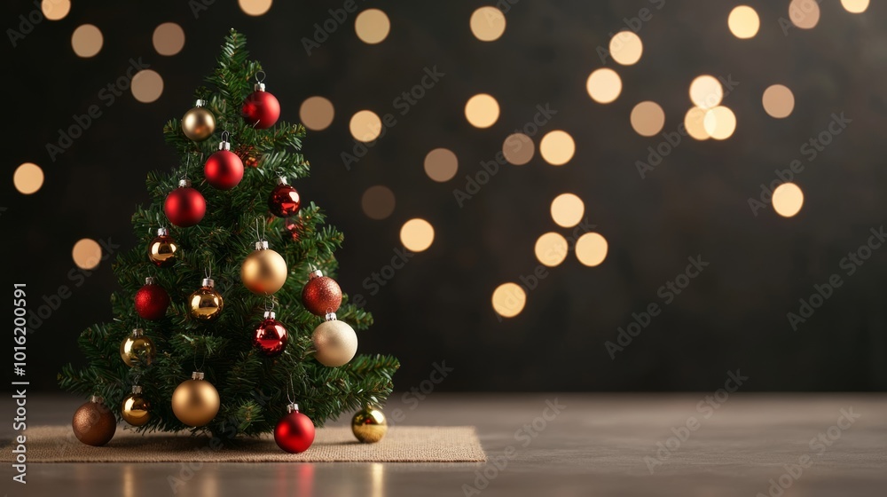 Poster Golden-lit Christmas tree with bright ornaments on a plain burlap canvas backdrop, floating soft bokeh lights 